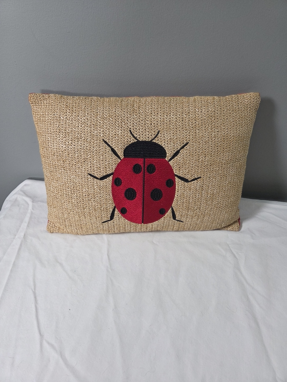 Ladybug Accent Burlap  Pillow - Red and Black on Natural Woven